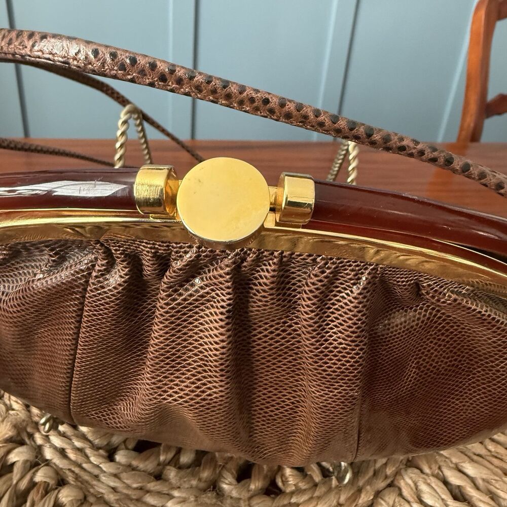 Vintage Fleur de Paris Snake Skin Clutch Shoulder Bag Made In Spain Brown Gold - Picture 4 of 9